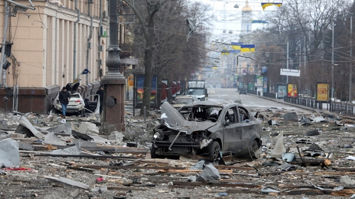 Damage after a regional administration building was hit by a missile attack in central Kharkiv