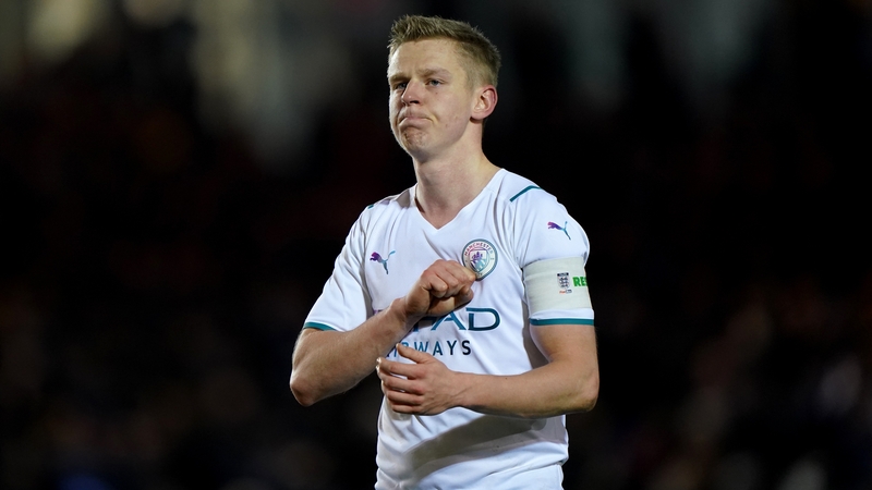 Manchester City's Oleksandr Zinchenko gestures to the crowd after the game