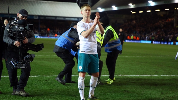 Zinchenko salutes the crowd on a night when he was handed the captains' armband
