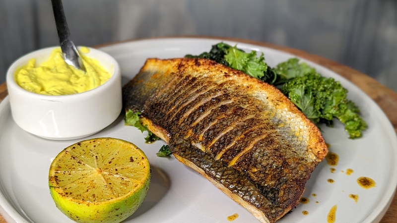 Sunil Ghai's tawa fish fry with mustard yoghurt, fennel & garlic flavored sautéed kale