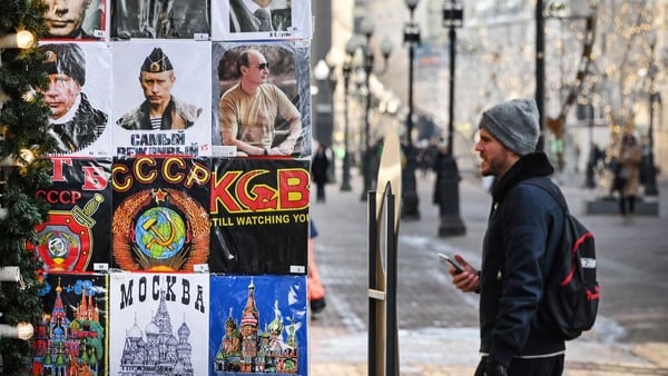 T-shirts with images of Russian president Vladimir Putin at a gift shop in Moscow. Photo: Alexander Nemenov/AFP via Getty Images