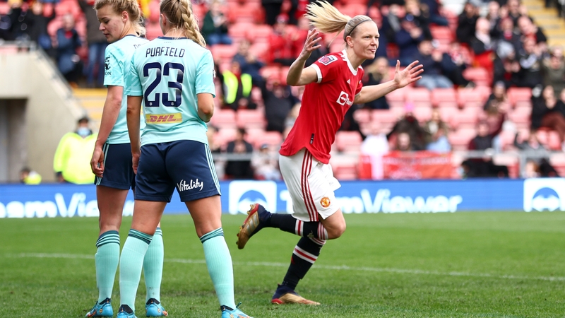 Diane Caldwell reacts to her side's fourth goal, scored by Katie Zelem direct from a corner kick.