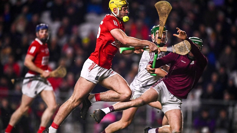 Galway's Éanna Murphy saves a shot on goal by Sean Twomey of Cork