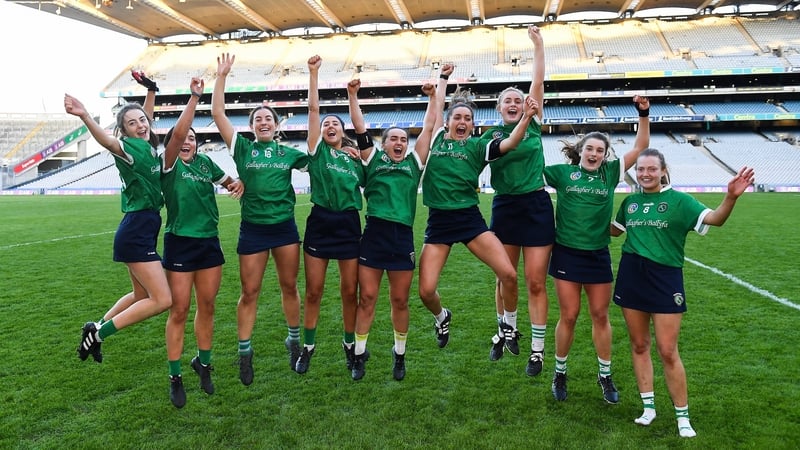 Cora Kenny, Shannon Corcoran, Rachel Murray, Tara Kenny, Siobhán McGrath, Orlaith McGrath, Maria Cooney, Joanne Daly, and Clodagh McGrath celebrate Sarsfields' victory