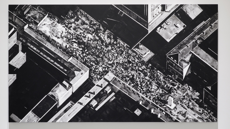 Protest Crowd, London (Stop the Coup, London, 31 August 2019. Version 2 with Triangle), 2020, Japanese ink on linen, 230 x 130cm