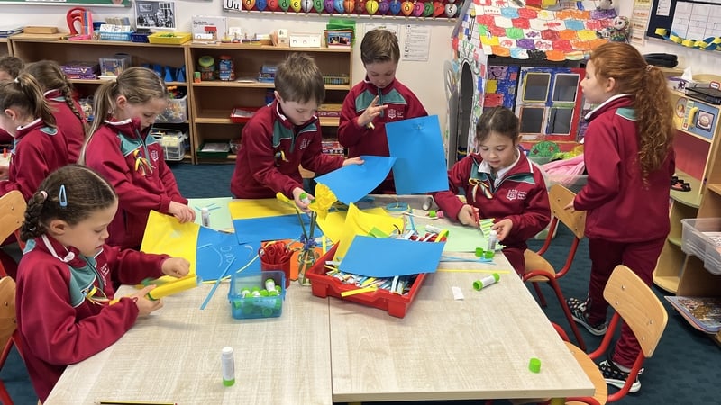 Classmates of Emil at Castle Park in Dalkey make Ukrainian flags in class