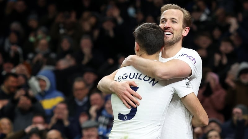 Harry Kane celebrates with Sergio Reguilon after scoring Spurs' fifth goal.