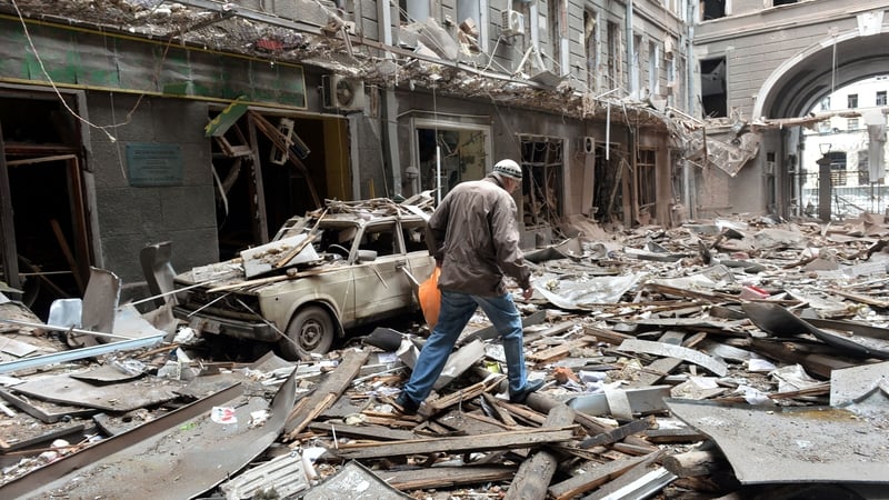 A view of damaged building following a shelling in Ukraine's second-biggest city of Kharkiv