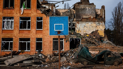 Damaged buildings in Chernihiv, Ukraine