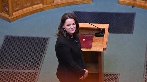 Hungarian President Katalin Novak smiles after she took her oath of office