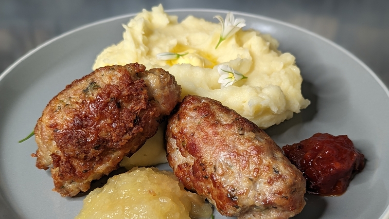 Rachel's homemade pork sausages with apple sauce
