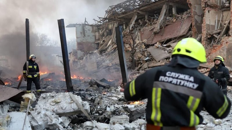 Firefighters tackle a blaze after airstrikes in Dnipro, Ukraine today (Pic: State Emergency Service Of Ukraine/handout)