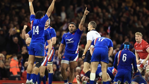 Peato Mauvaka and French team-mates celebrate at the full-time whistle