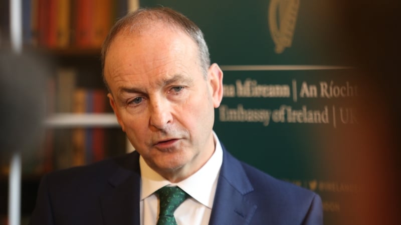 Taoiseach Micheál Martin addressing the media at the Embassy of Ireland in London today