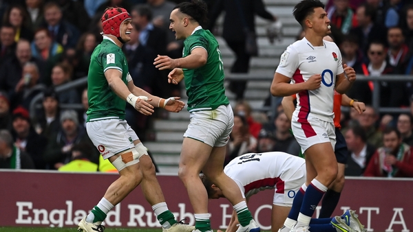 James Lowe celebrates his early try at Twickenham with team-mate Josh van der Flier