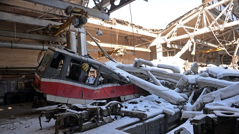 A destroyed tram depot in Kharkiv