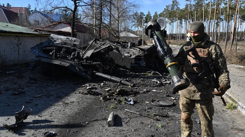 A Ukrainian soldier with an anti-tank weapon near Irpin, north of Kyiv
