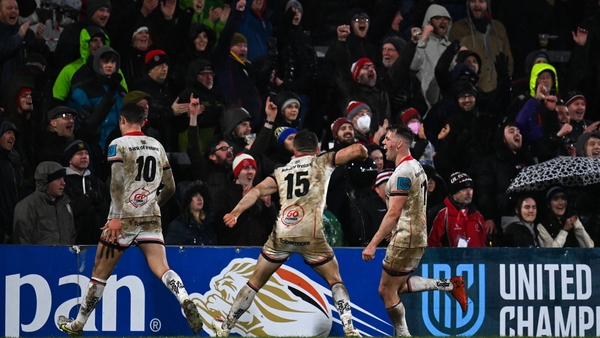 Ulster's players celebrate at the final whistle