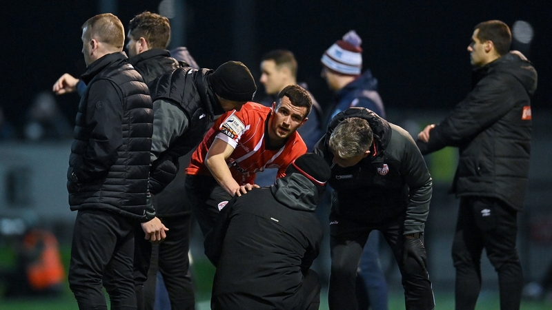 Michael Duffy receives attention during the 2-0 defeat of Drogheda United. He had been introduced for his second debut with the club just 10 minutes previously
