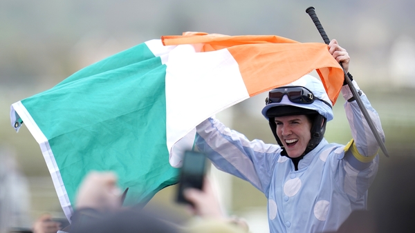 Rachael Blackmore celebrates her Champions Hurdle triumph with a rapturous Prestbury Park crowd