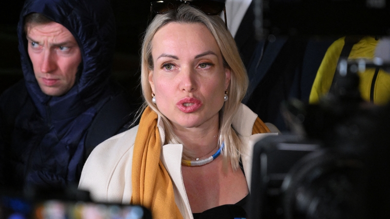 Marina Ovsyannikova speaking outside court after being fined 30,000 roubles