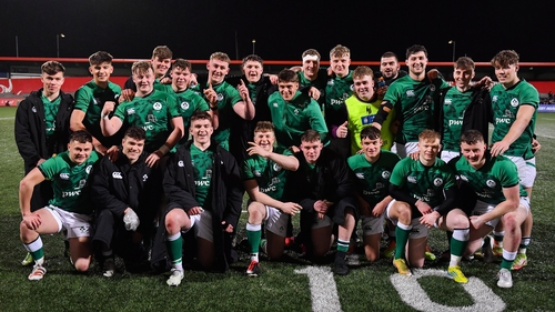 The Ireland U20s celebrate their bonus point win against Italy in Round 3