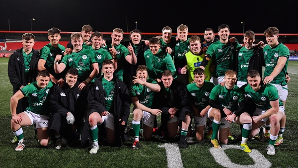 The Ireland U20s celebrate their bonus point win against Italy in Round 3
