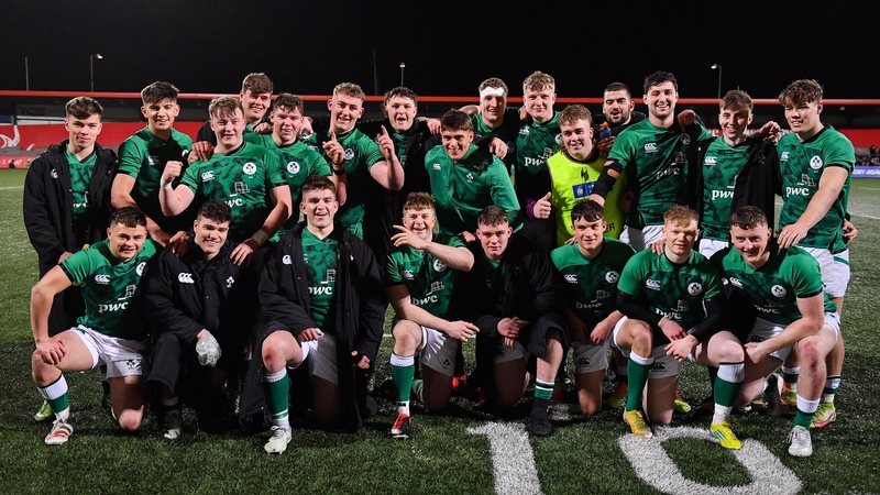 The Ireland U20s celebrate their bonus point win against Italy in Round 3