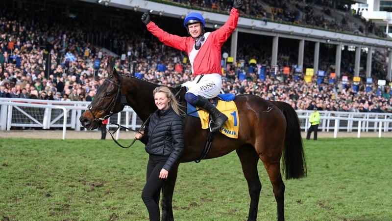 Paul Townend celebrates after winning the 2022 Ryanair Chase on Allaho
