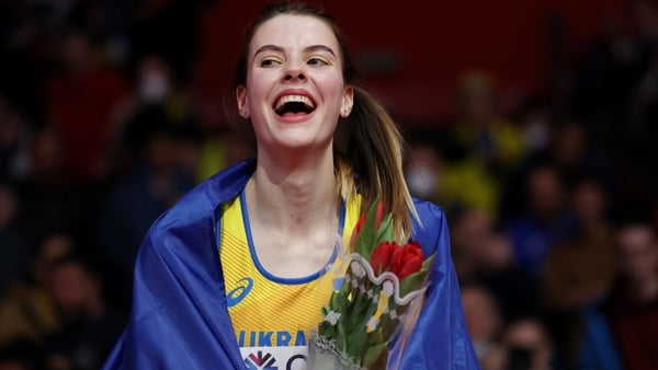 Yaroslava Mahuchikh on the podium
