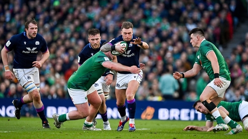 Hogg (centre) will become the fourth player to reach 100 caps for the Scotland men's team