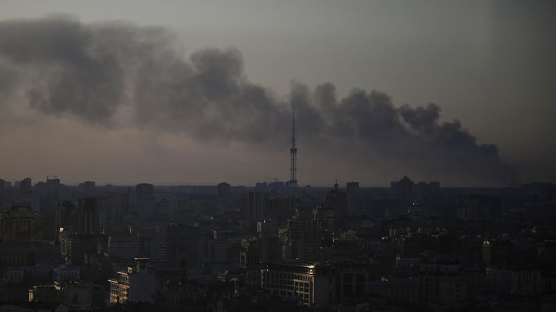 Smokes rises from the western outskirts of Kyiv this evening