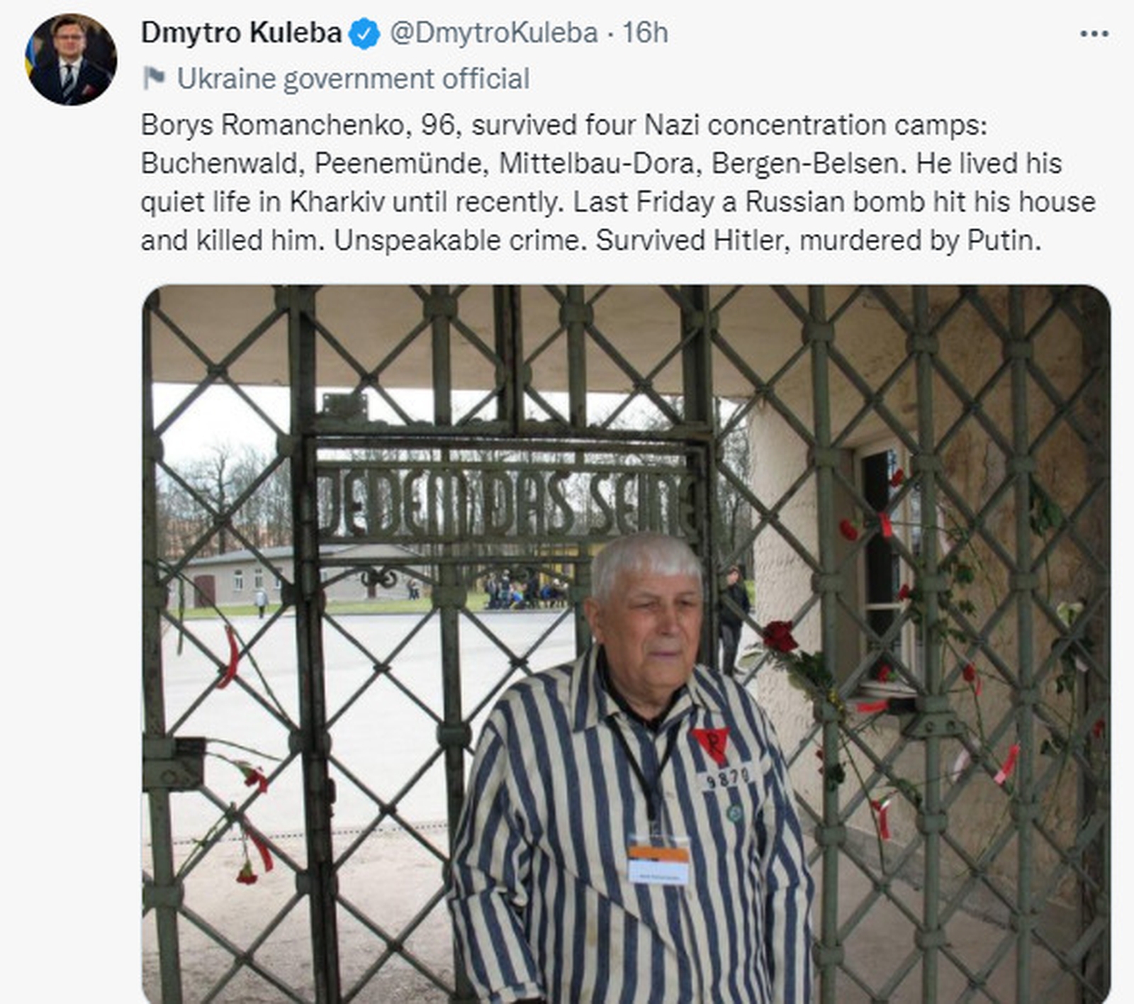 Boris Romanchenko, a 96-year-old Holocaust survivor, died in a Russian attack last week
