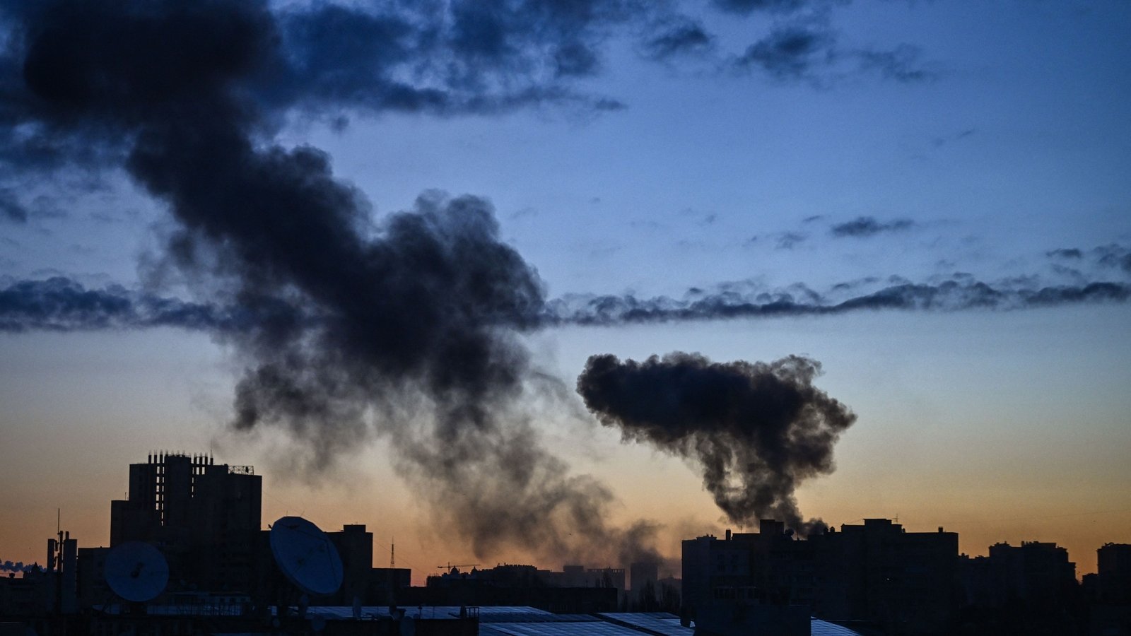 Smoke rises after an explosion in Kyiv on 16 March