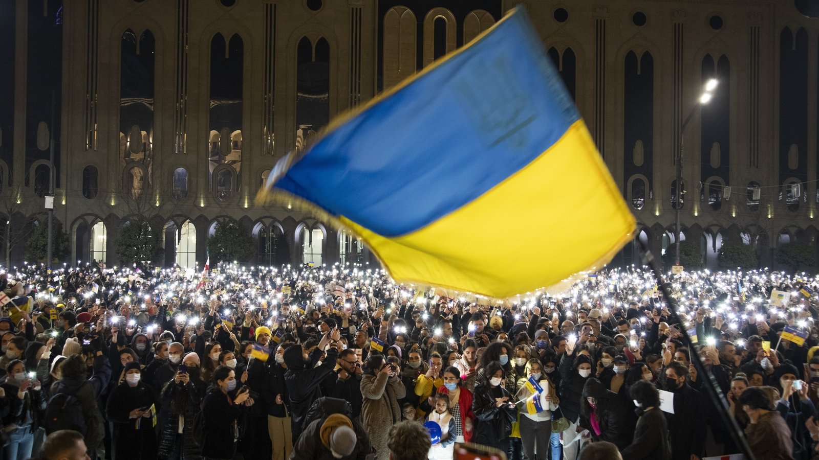 A rally in support of Ukraine in front of the parliament building in Tbilisi, Georgia