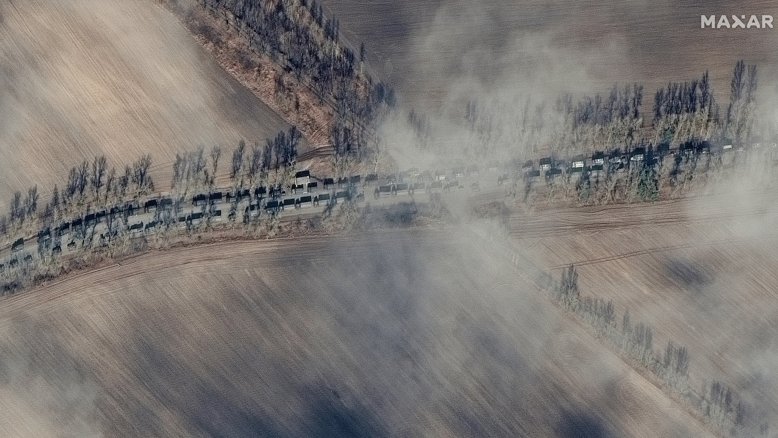 Satellite imagery shows Russian armoured equipment and ground forces in a convoy in Ukraine (Pic: Maxar Technologies)