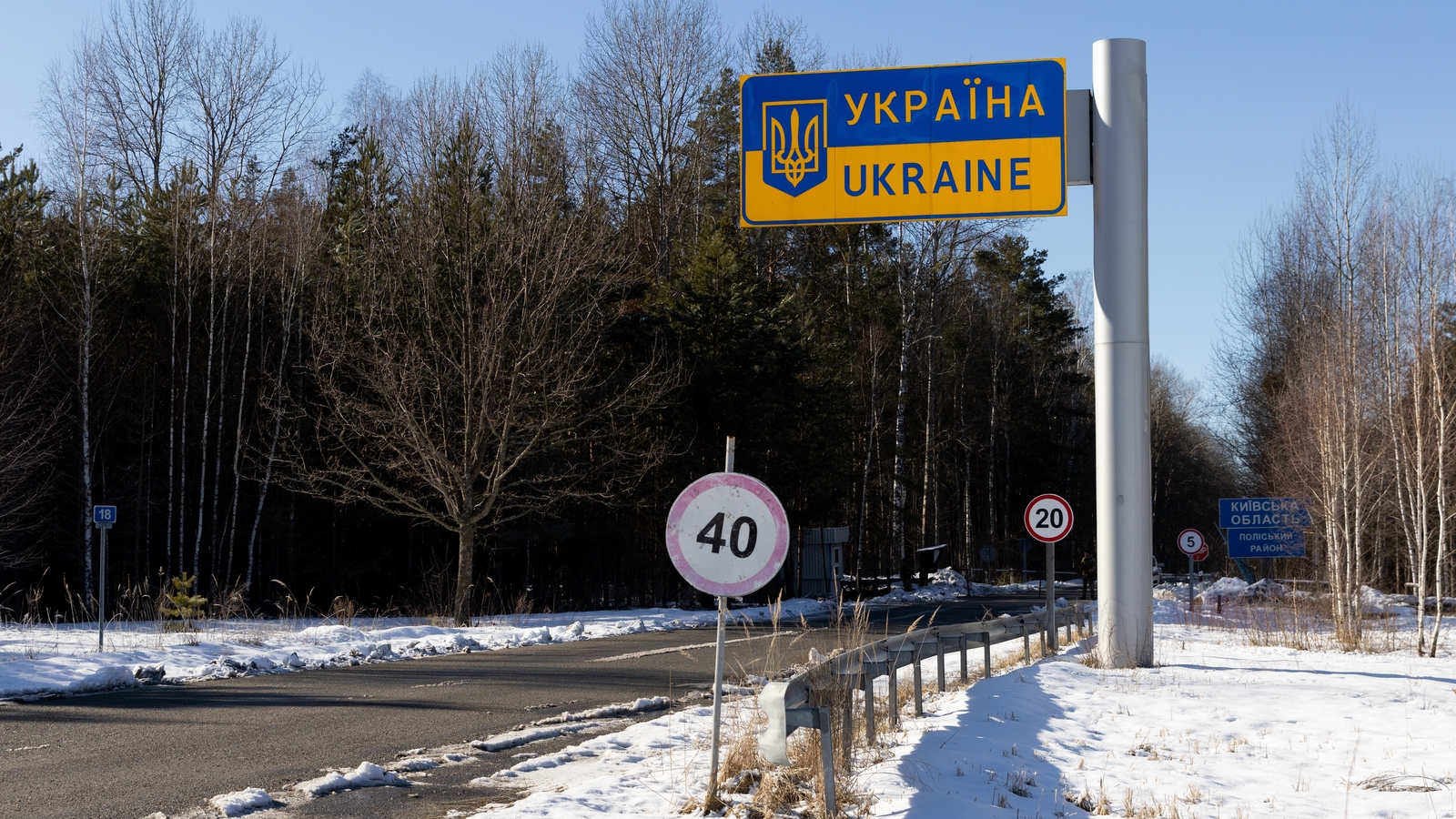 A signpost at the Ukraine-Belarus border crossing