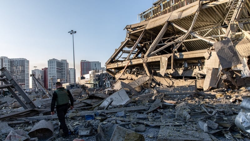A view of the Retroville mall in Podilskyi district, Kyiv, which was bombed by Russian forces