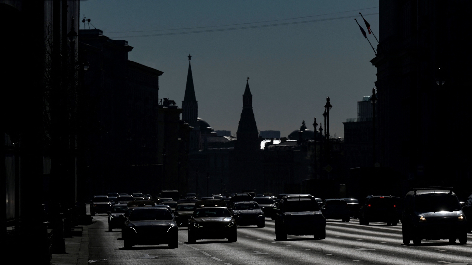 Cars drive along Tverskaya Street in central Moscow