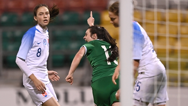 Michaela Lawrence celebrates her late equaliser against Slovakia at Tallaght Stadium