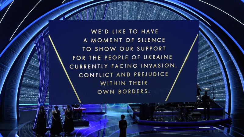 A series of slides appeared on the giant screen at the Dolby Theatre