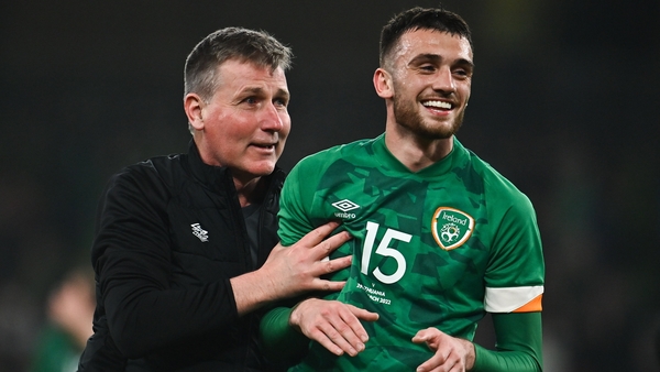 Troy Parrott congratulated by manager Stephen Kenny at full-time