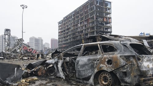 The scene today at a Kyiv shopping mall after it was shelled by Russian missiles