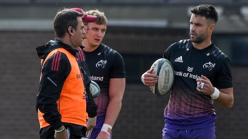 Conor Murray with Munster head coach Johann van Graan during training on Wednesday