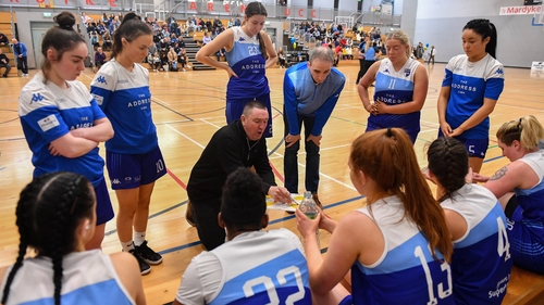 The Address UCC Glanmire coach Mark Scannell speaking to his players during a Super League fixture in March