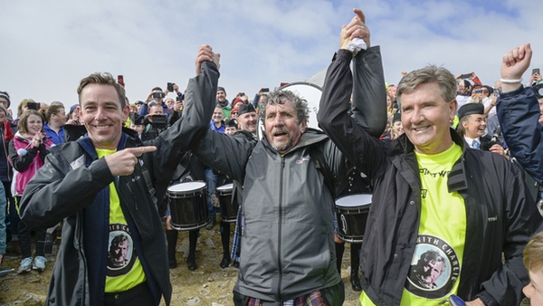 Ryan Tubridy, Charlie Bird and Daniel O'Donnell reach the summit of Croagh Patrick in April 2022