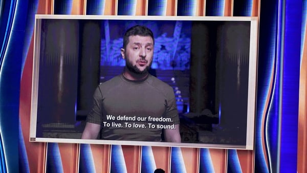 President of Ukraine Volodymyr Zelensky speaks on screen during the 64th Annual Grammy Awards in Las Vegas
