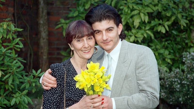 Dot Cotton (June Brown) and her son Nick (John Altman) on the set of EastEnders in 1990