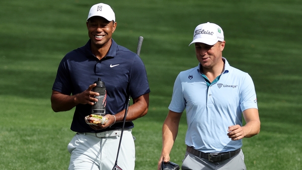 Tiger Woods playing a practice round with Justin Thomas at the famous Augusta course