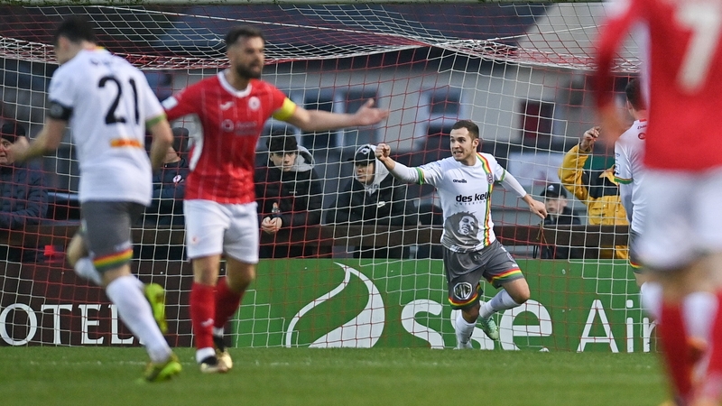 Liam Burt celebrates the only goal of the game as Bohemians took the points at The Showgrounds